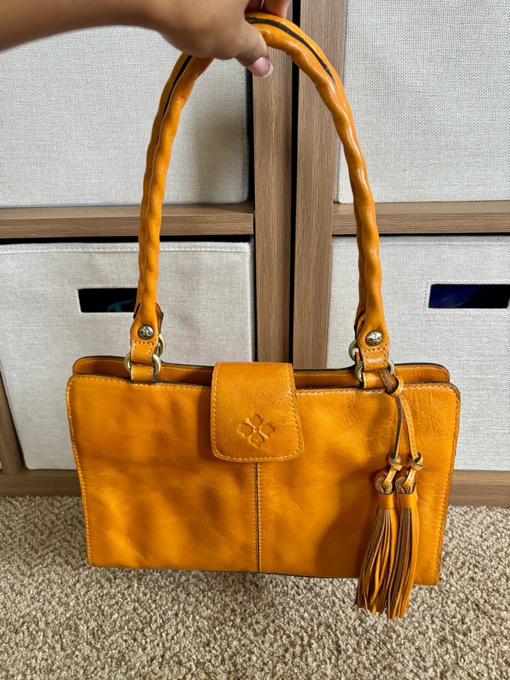 Patricia Nash Tan Mustard Yellow Leather Shoulder Bag with Tassel